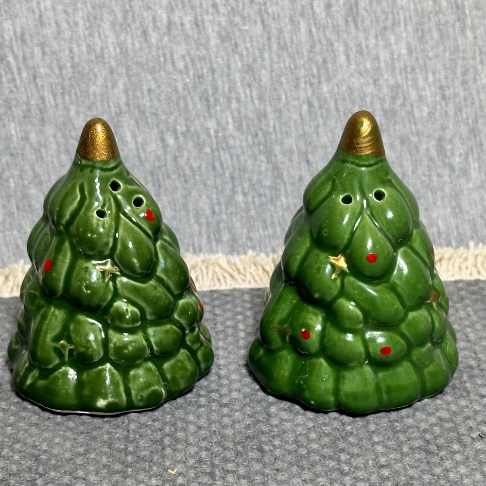 Vtg Holiday Christmas Tree Salt and Pepper Shakers Retro Ceramic Green Gold